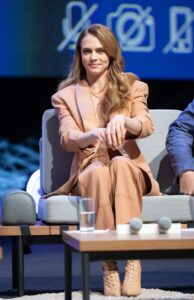 Cara Delevingne in a Caramel Coloured Pantsuit