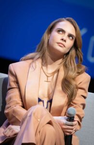 Cara Delevingne in a Caramel Coloured Pantsuit