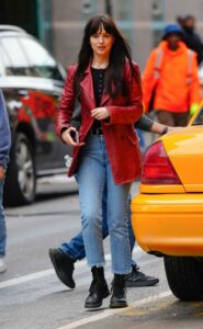 Dakota Johnson in a Red Leather Blazer