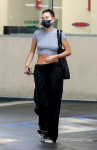 Hailey Bieber in a Grey Cropped Tee