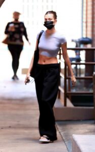 Hailey Bieber in a Grey Cropped Tee