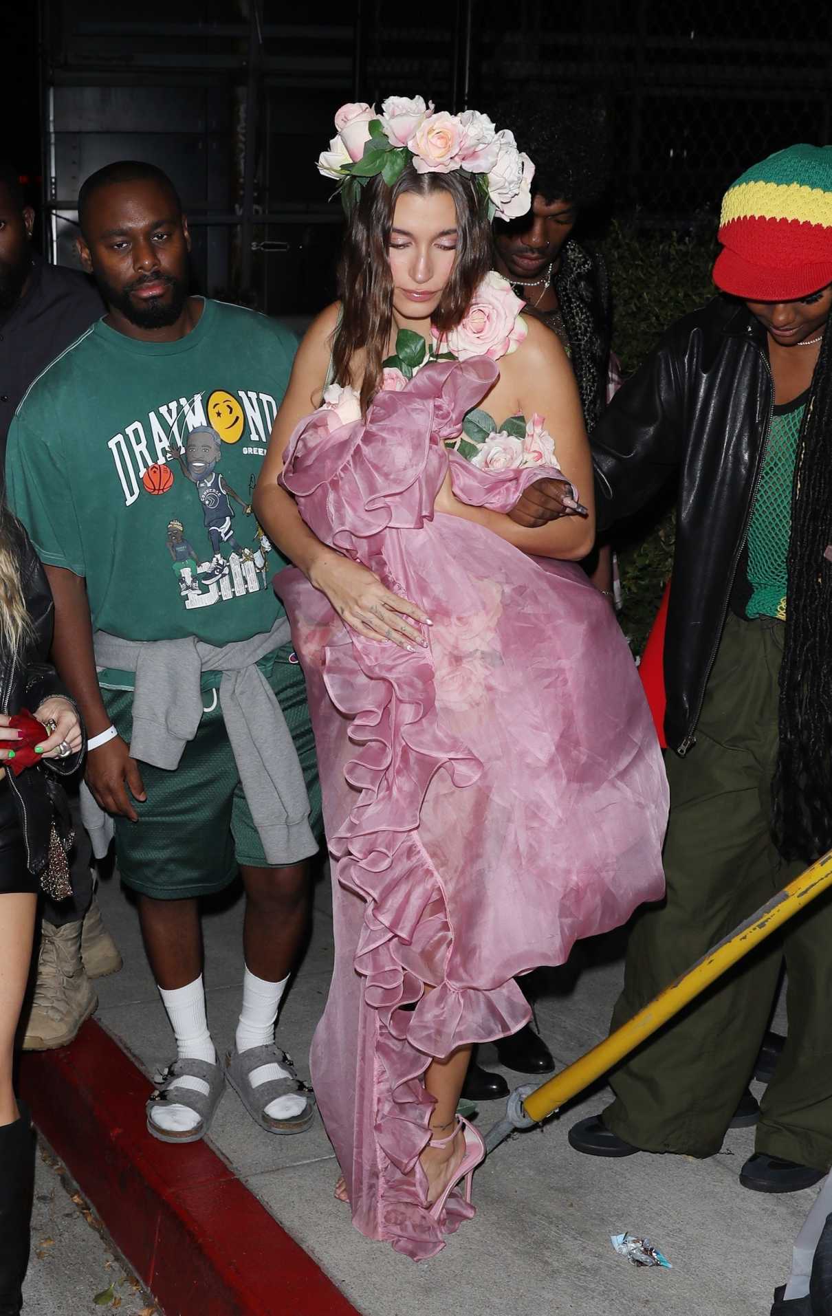 Hailey Bieber in a Lilac Dress