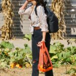 Jessica Alba in a Striped Shirt Visits a Pumpkin Patch in Los Angeles 10/23/2022