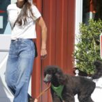 Jordana Brewster in a White Tee Walks Her Dog in Brentwood 10/18/2022