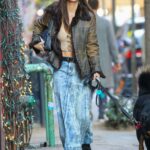 Emily Ratajkowski in a Blue Denim Skirt Walks Her Dog in New York 11/23/2022