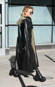 Florence Pugh in a Black Leather Coat