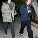 Jennifer Meyer in an Olive Bomber Jacket Grabs Dinner with a Friend at Matsuisha in Beverly Hills 11/19/2022