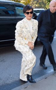 Kris Jenner in a White Patterned Pantsuit