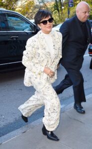 Kris Jenner in a White Patterned Pantsuit