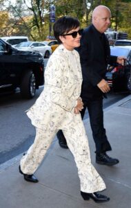 Kris Jenner in a White Patterned Pantsuit