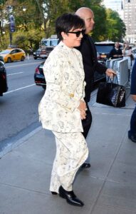 Kris Jenner in a White Patterned Pantsuit