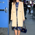 Lacey Chabert in a Beige Coat Arrives at Good Morning America in New York 11/14/2022