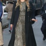Sailor Brinkley Cook in a Black Coat Exits NBC’s Today Show in New York 11/22/2022