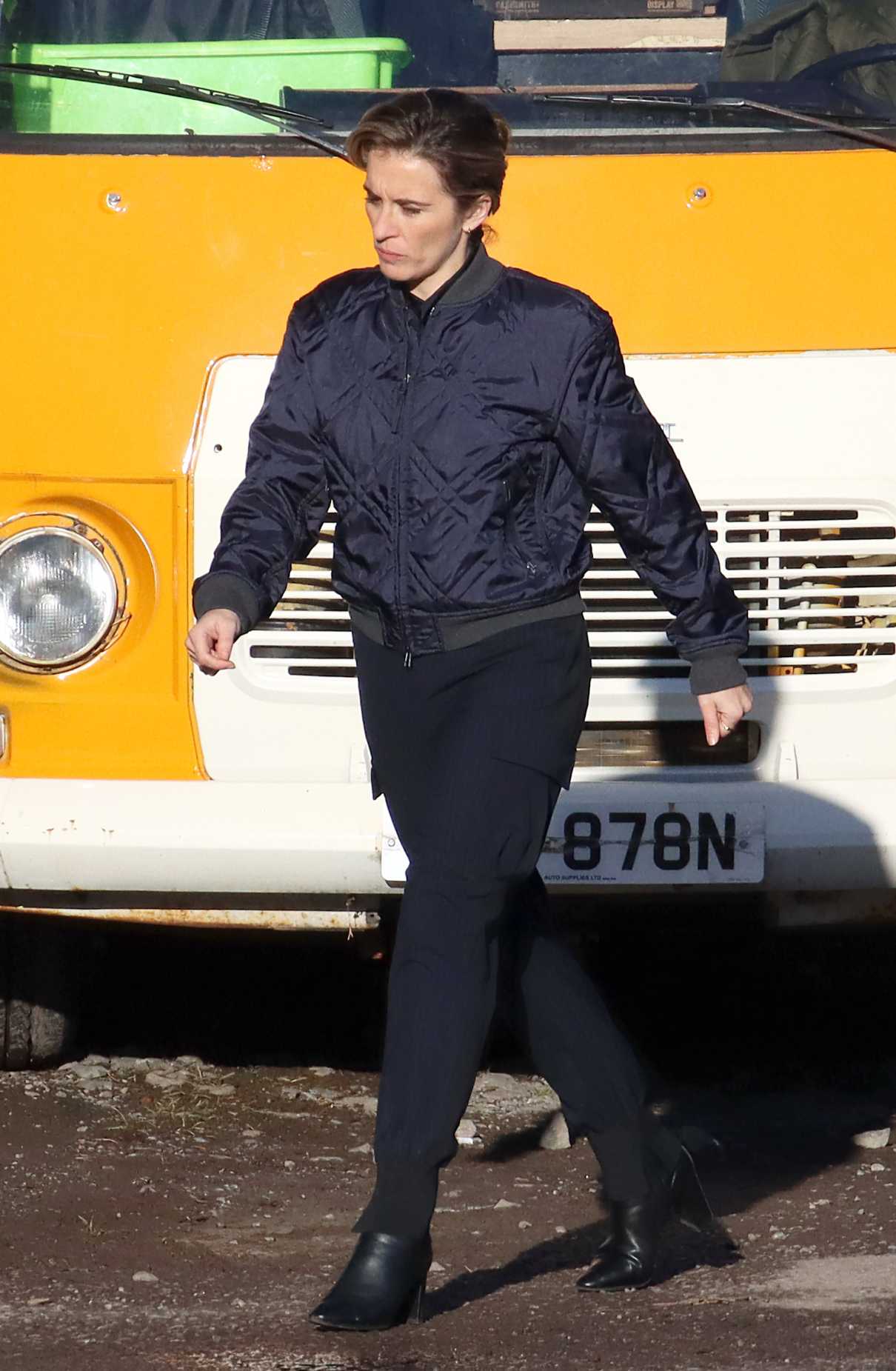 Vicky McClure in a Navy Bomber Jacket on the Set of Season Three of