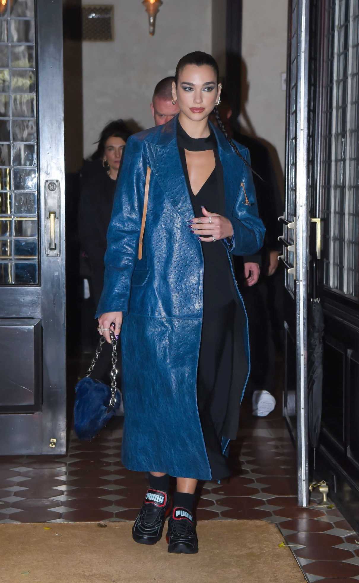 Dua Lipa in a Blue Leather Coat