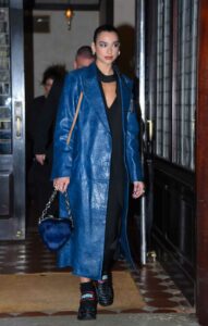 Dua Lipa in a Blue Leather Coat