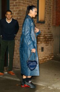 Dua Lipa in a Blue Leather Coat