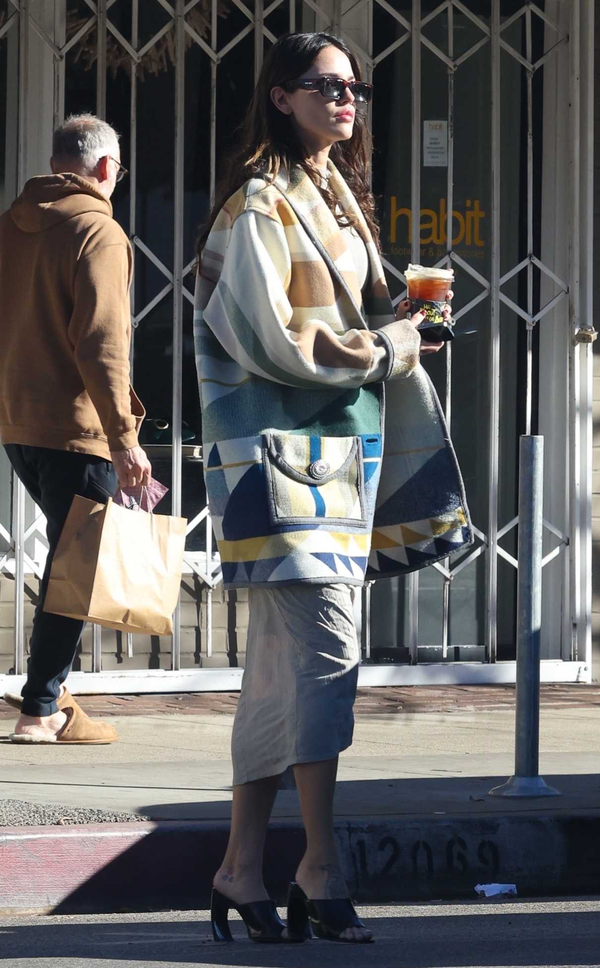 Eiza Gonzalez in a Patterned Blazer Grabs Her Morning Iced Coffee at