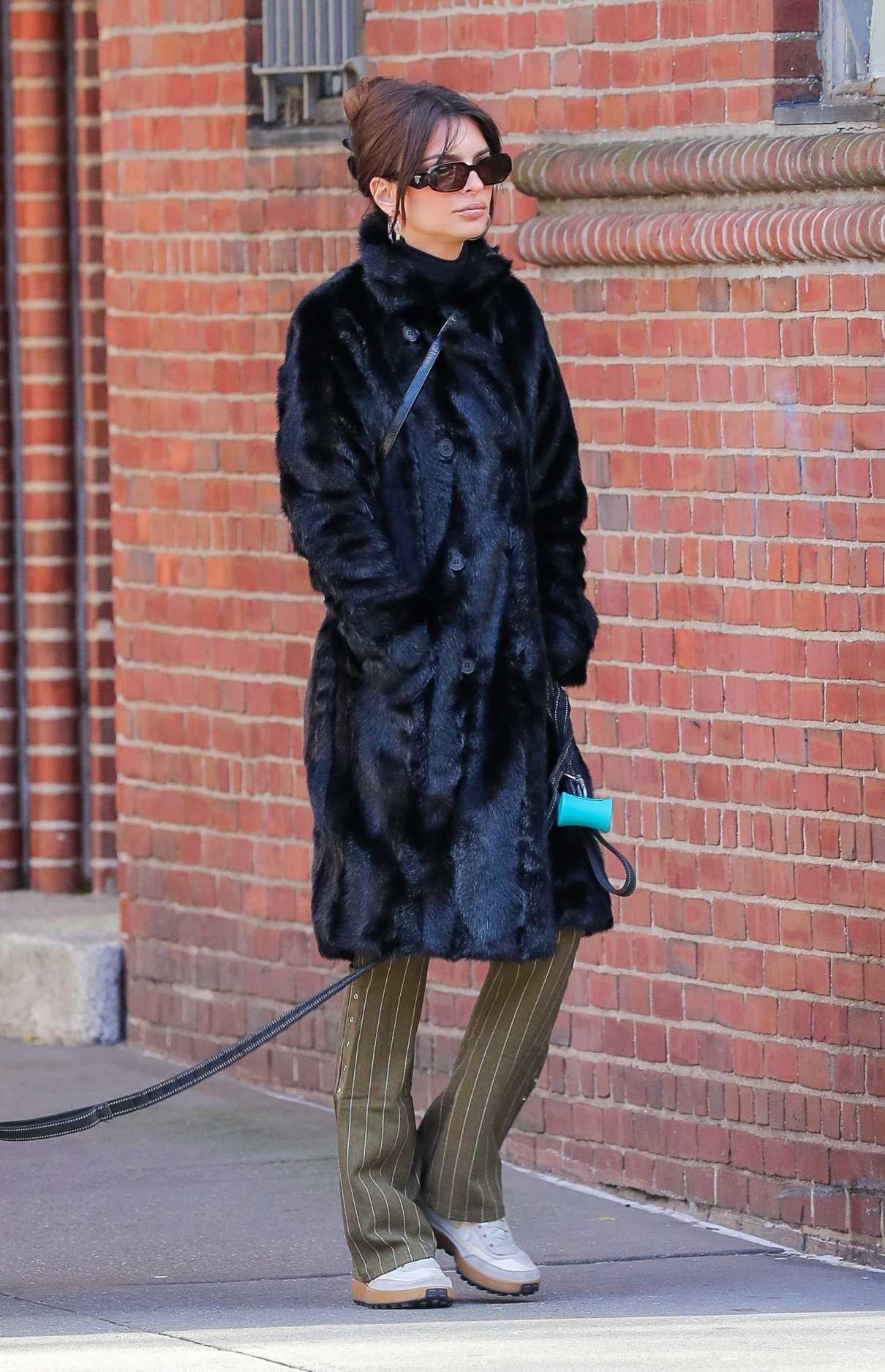 Emily Ratajkowski in a Black Fur Coat