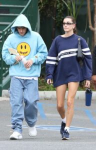 Hailey Bieber in a Blue Oversized Sweatshirt