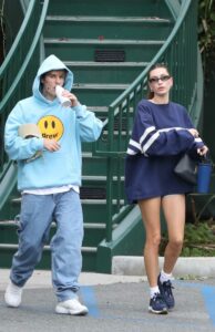 Hailey Bieber in a Blue Oversized Sweatshirt