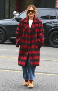 Jennifer Lopez in a Red and Black Plaid Coat