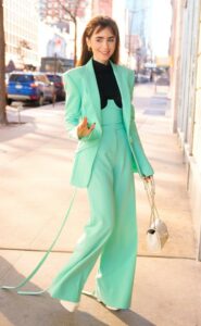 Lily Collins in a Neon Green Pantsuit