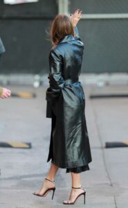Margot Robbie in a Black Leather Trench Coat