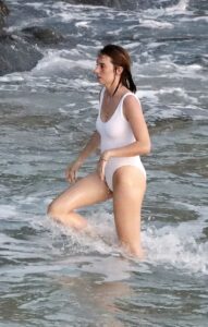 Maya Hawke in a White Swimsuit