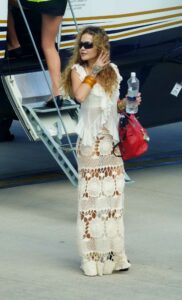 Rita Ora in a White Lace Maxi Skirt
