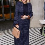 Sheridan Smith in a Blue Striped Pantsuit Steps Out from Zoe Ball Breakfast Show in London 12/09/2022