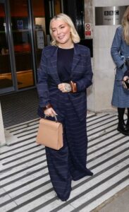 Sheridan Smith in a Blue Striped Pantsuit