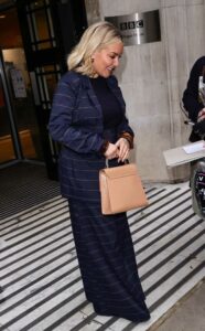 Sheridan Smith in a Blue Striped Pantsuit