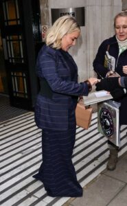 Sheridan Smith in a Blue Striped Pantsuit