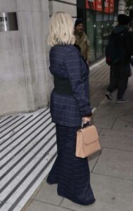 Sheridan Smith in a Blue Striped Pantsuit