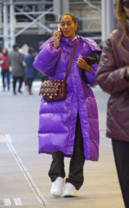 Tracee Ellis Ross in a Purple Puffer Coat