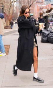 Hailey Bieber in a Black Coat