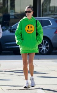 Hailey Bieber in a Neon Green Hoodie