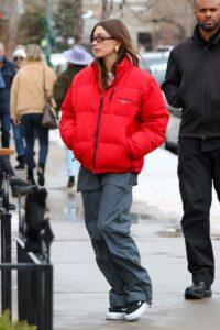 Hailey Bieber in a Red Jacket