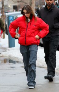 Hailey Bieber in a Red Jacket