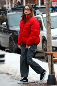 Hailey Bieber in a Red Jacket