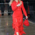 Hilary Duff in a Red Dress Arrives for a Taping of Good Morning America in New York 01/23/2023