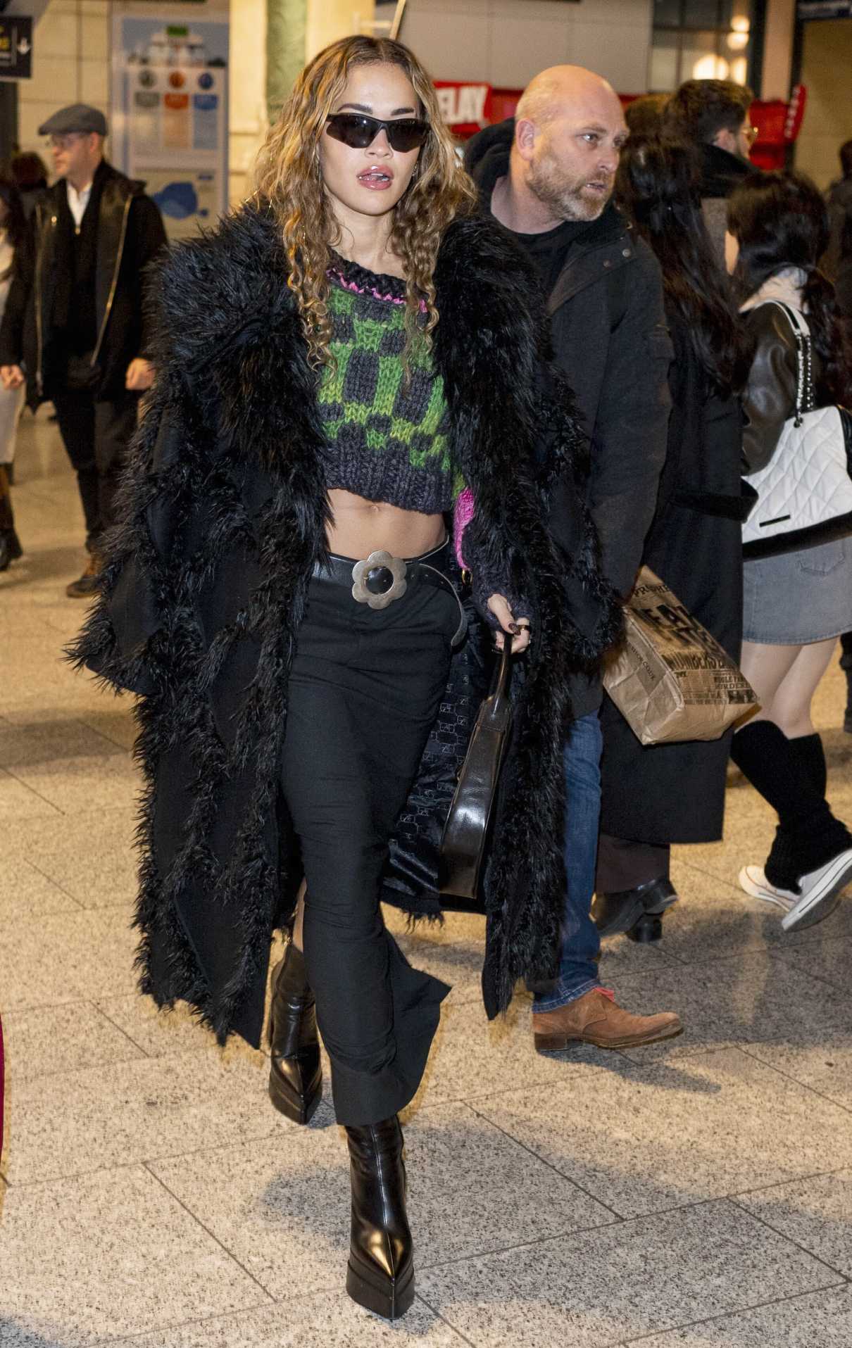 Rita Ora in a Black Fur Coat