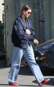 Hailey Bieber in a Blue Bomber Jacket