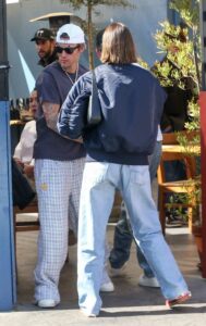 Hailey Bieber in a Blue Bomber Jacket