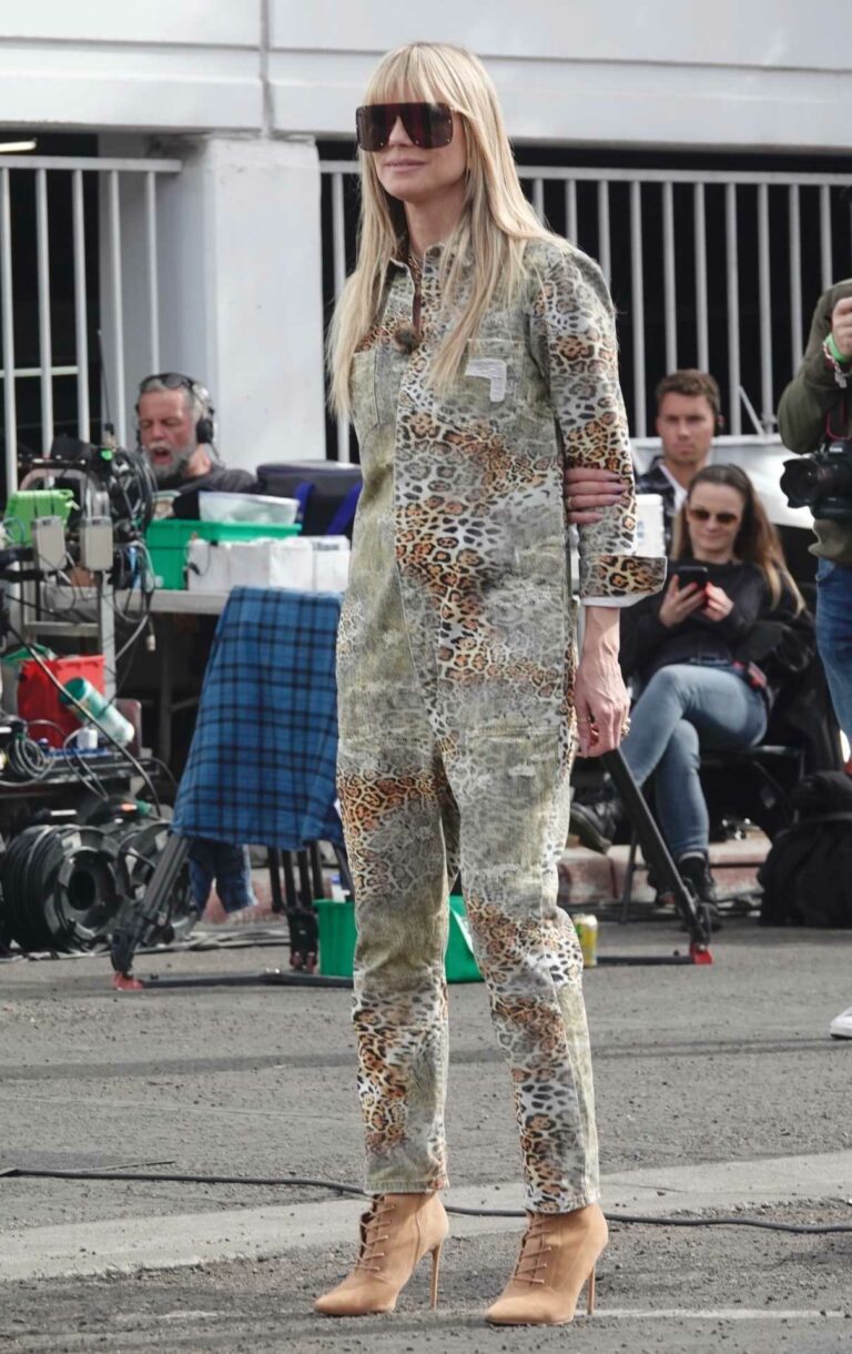 Heidi Klum in an Animal Print Jumpsuit Filming Her Show Next Top Model