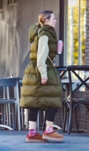 Kristen Bell in an Olive Puffer Coat