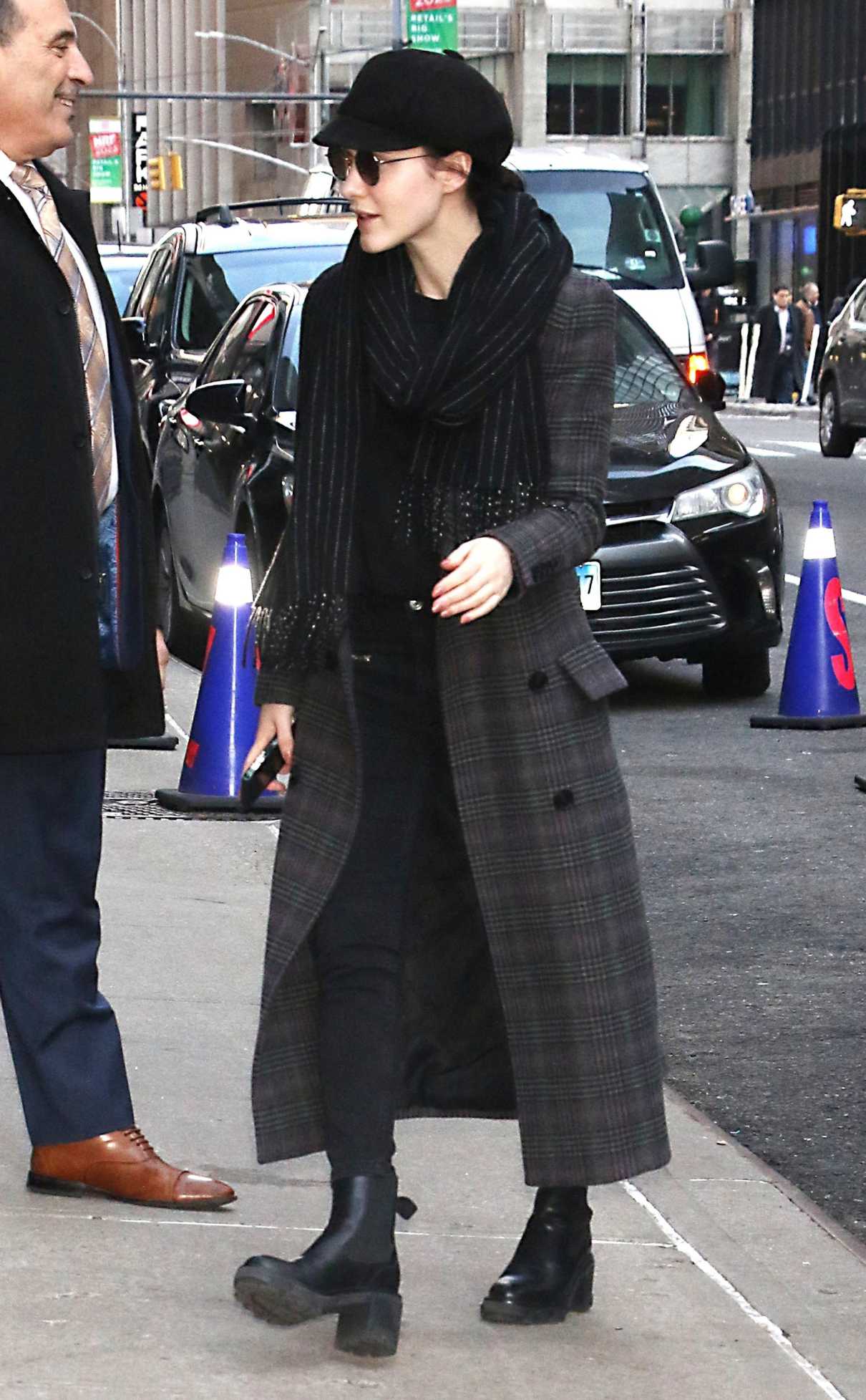 Rachel Brosnahan in a Black Cap Arrives at The Late Show with Stephen ...