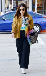Lucy Hale in a Caramel Coloured Jacket