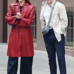 Dianna Agron in a Red Leather Trench Coat Was Seen Out with Kevin McHale in New York 04/28/2023